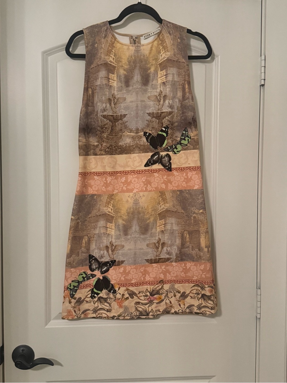 Alice + Olivia Beige and Peach Butterfly Print A-Line Skirt